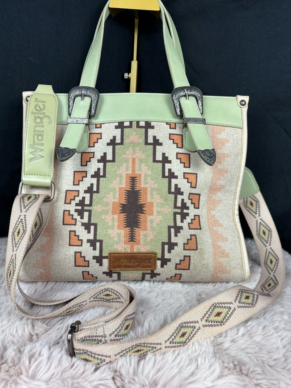 Wrangler Southwestern Aztec Woven Tote Bag Sage Green & Cream EUC